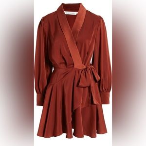 Floret Studios Ruffle Hem Long Sleeve Satin Wrap Mini Dress in Rust, Size XL